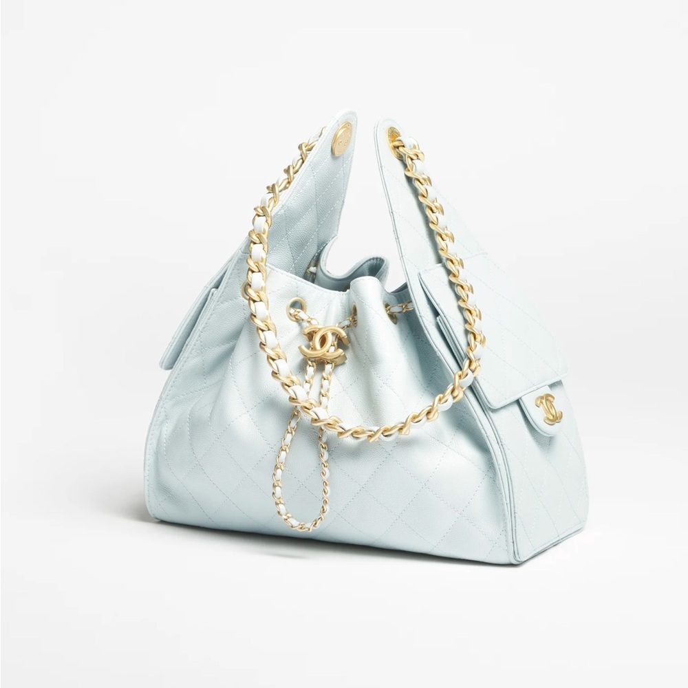 CHANEL Sky Blue Quilted Shoulder Bag with Gold Chain